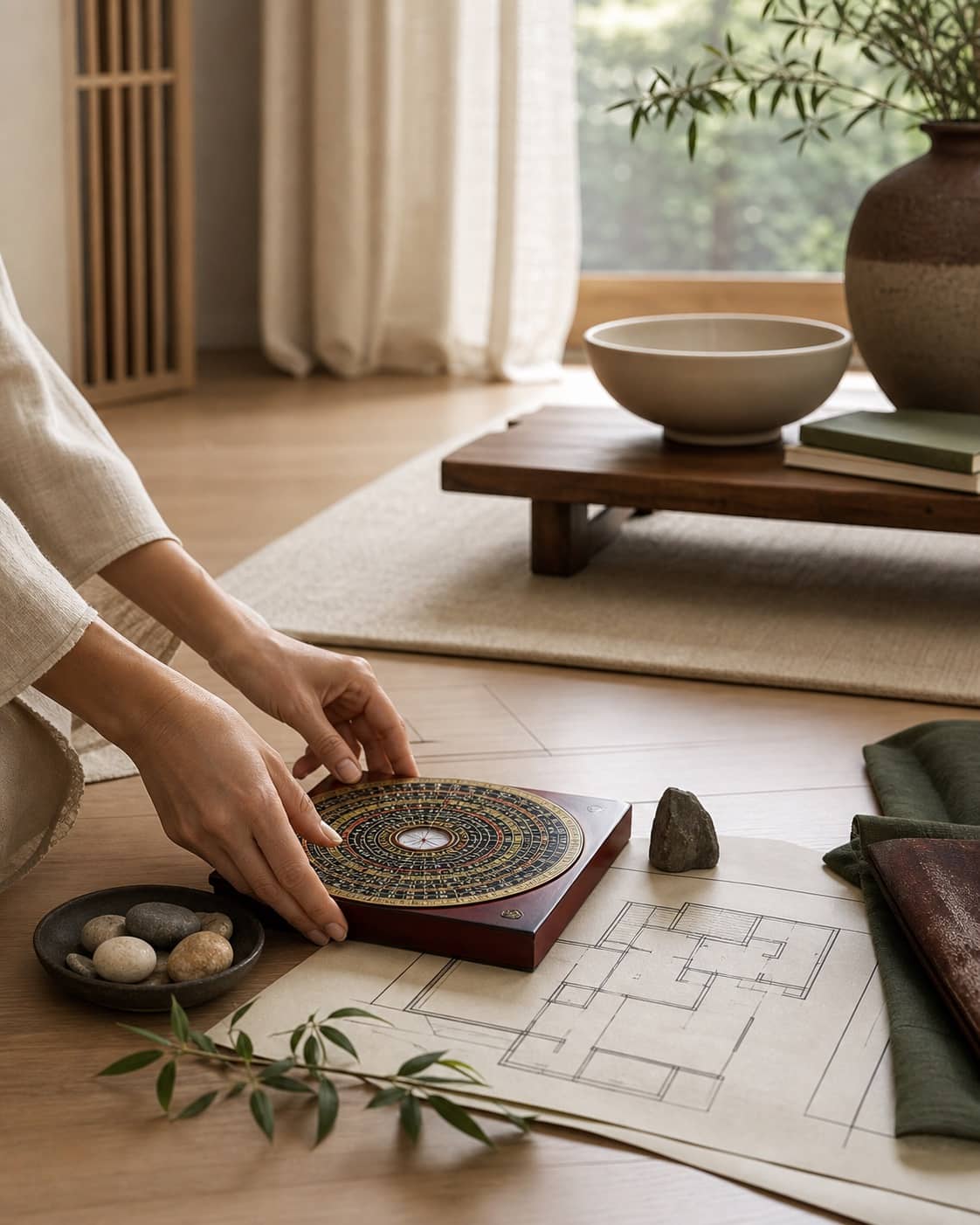 Busolă Feng Shui așezată pe un plan de compartimentare într-un interior calm
