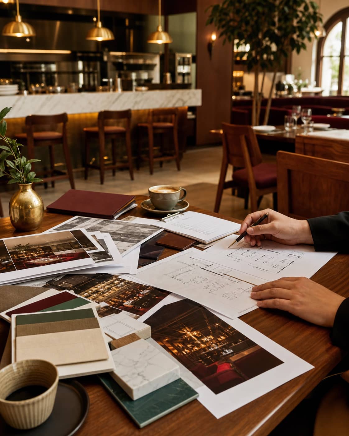 Planuri de deschidere și mostre de materiale pe o masă într-un restaurant cald