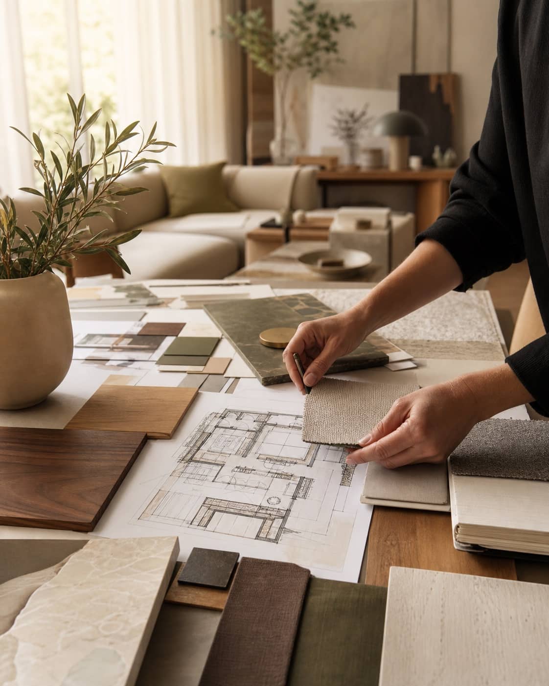 Planuri de interior, mostre de materiale și textile într-un studio rezidențial cald